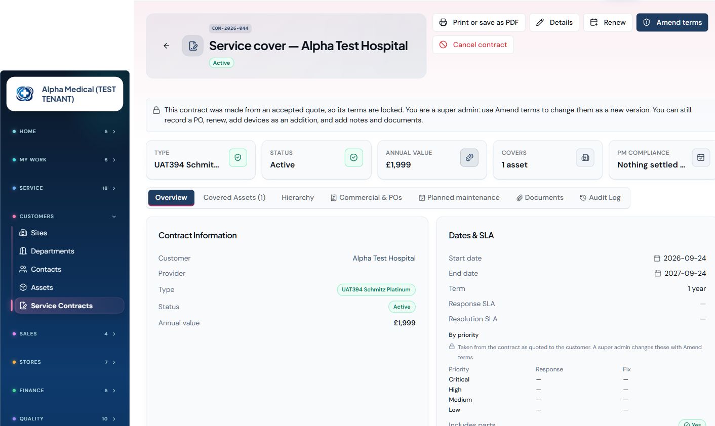 Prometix service contract record showing cover type, annual value, covered assets and response and fix SLAs by priority